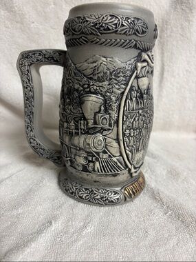 Coors Gray Ceramic Train Relief Stein - Decorative Mountain Locomotive Mug